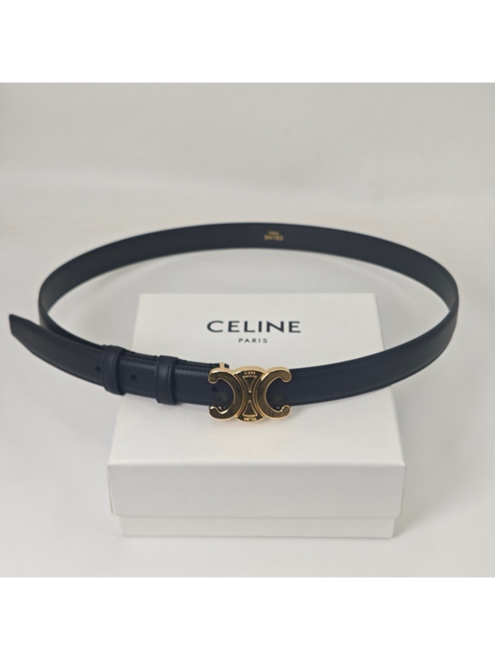 Celine Black Leather Belt with Gold Triomphe Hardware